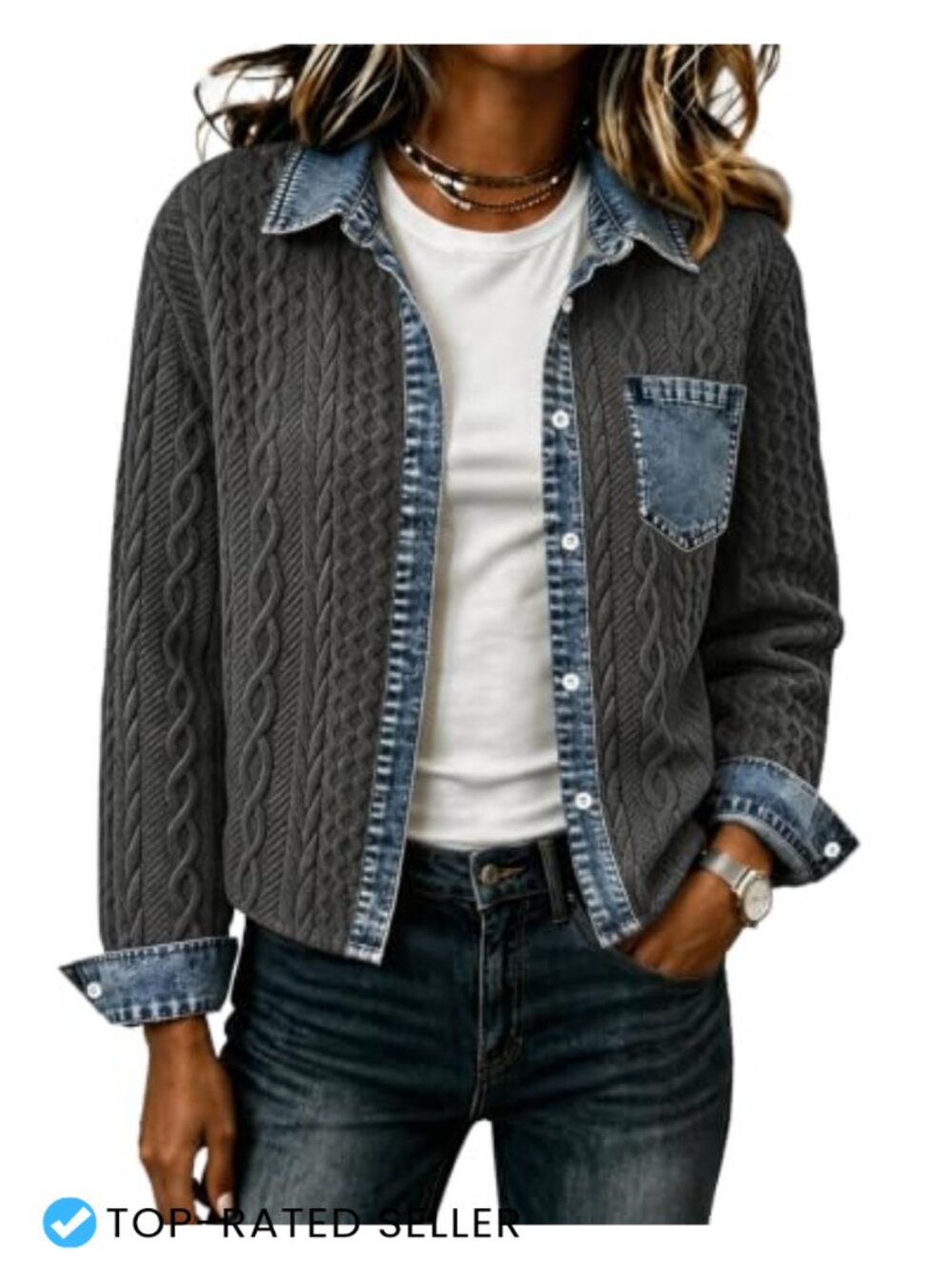 Women's Cropped Denim Collared Bomber Jacket Sweatshirt Cable Knit Shacket